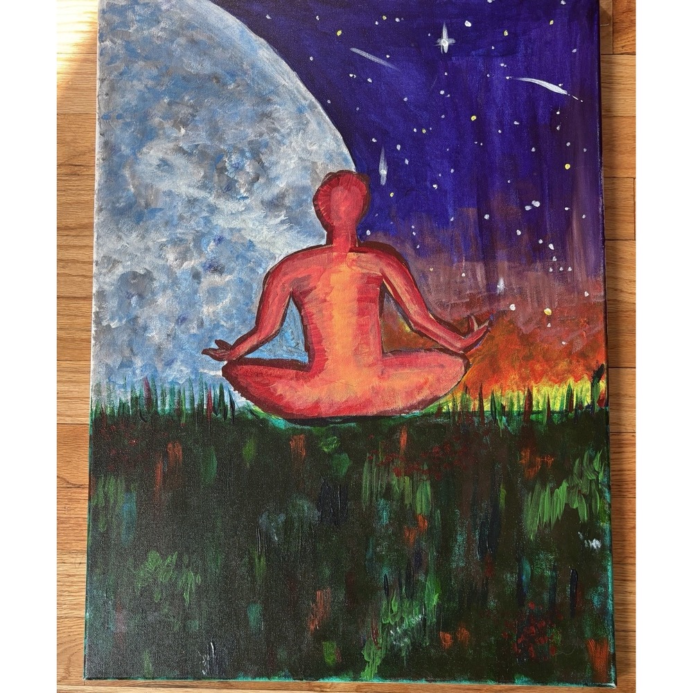 Original Acrylic Meditation Painting Figure Under Moon Spiritual Canvas Artwork